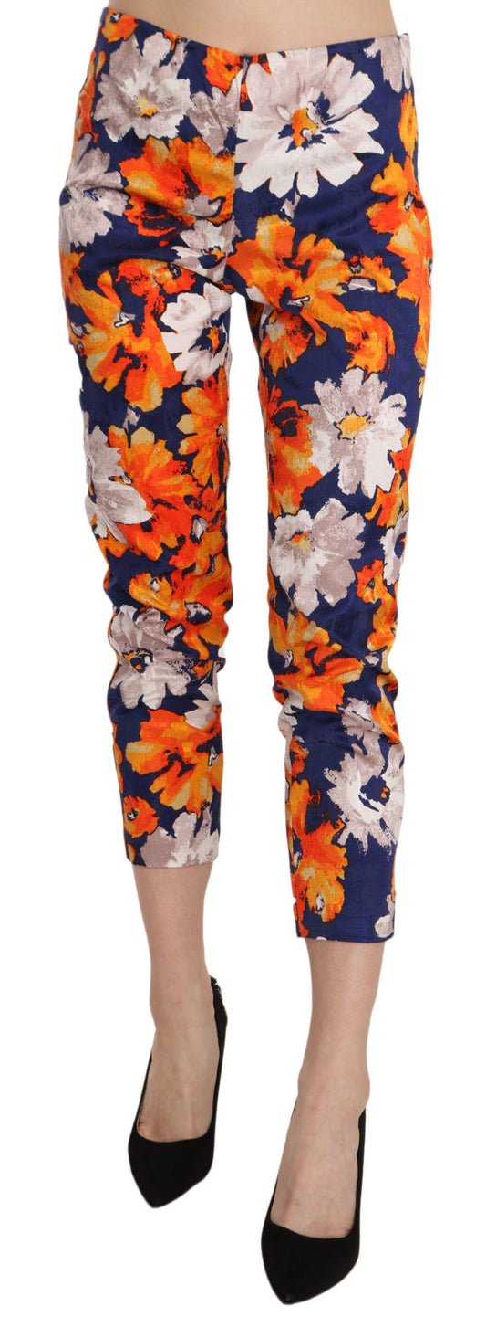 LANACAPRINA Blauer Blumendruck Skinny Slim Fit Hosenhose