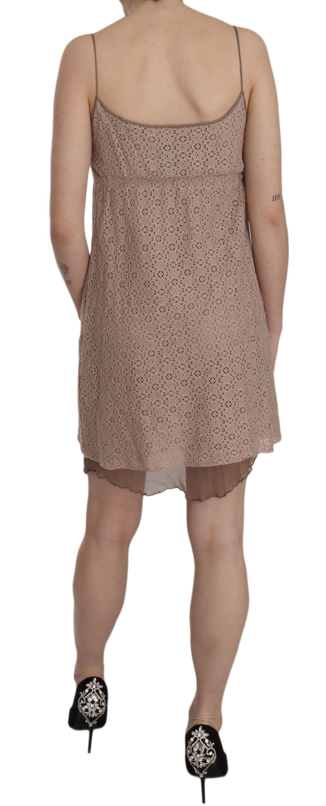 PINK MEMORIES Beige Spaghetti-Riemen a-line Mini-Baumwollkleid
