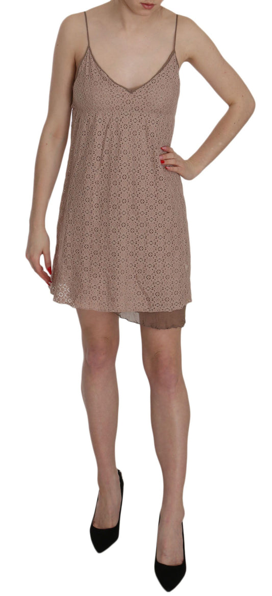 PINK MEMORIES Beige Spaghetti-Riemen a-line Mini-Baumwollkleid
