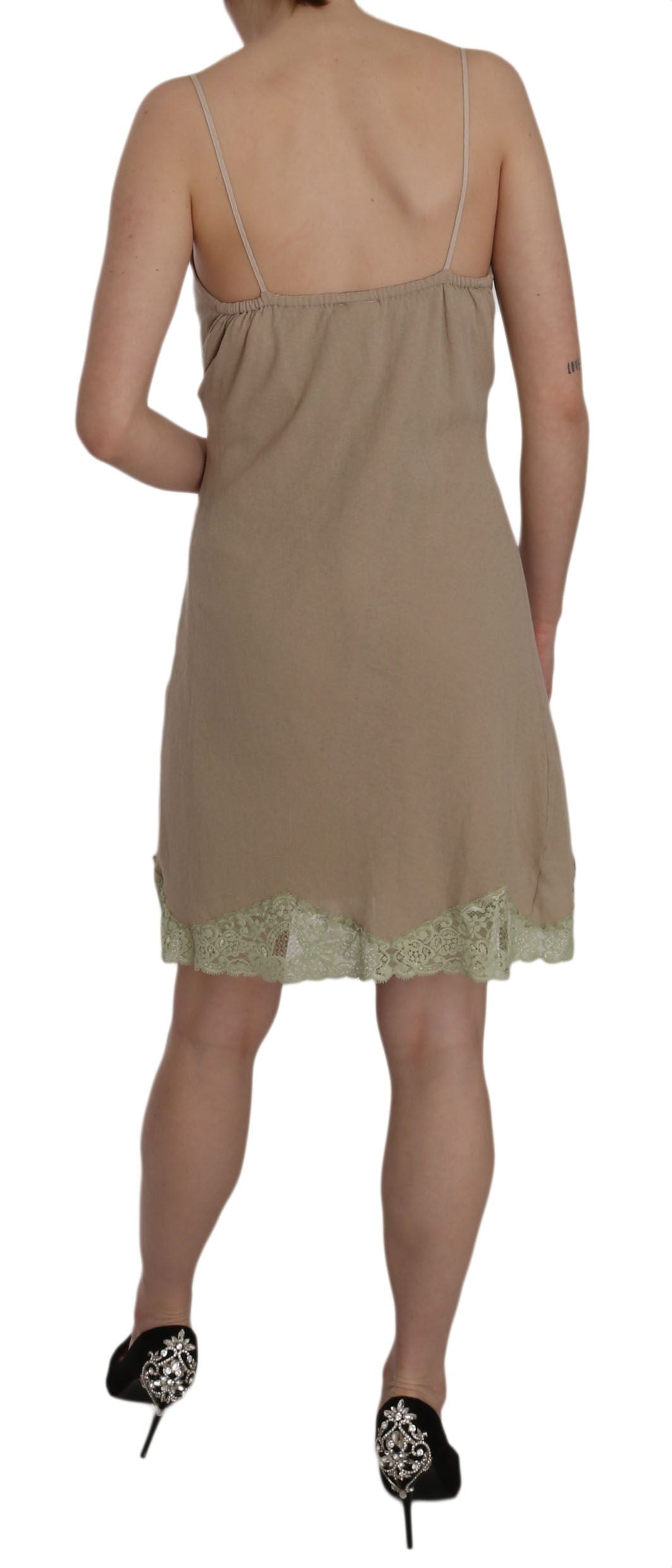 PINK MEMORIES Beige Spitzenspaghetti -Gurt Mini -Baumwollkleid