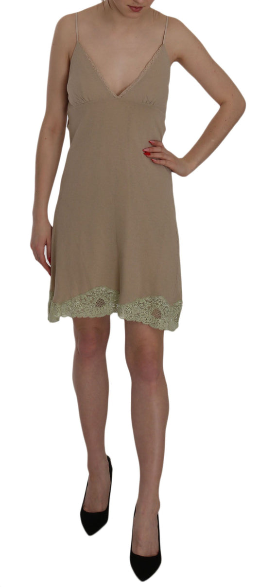 PINK MEMORIES Beige Spitzenspaghetti -Gurt Mini -Baumwollkleid