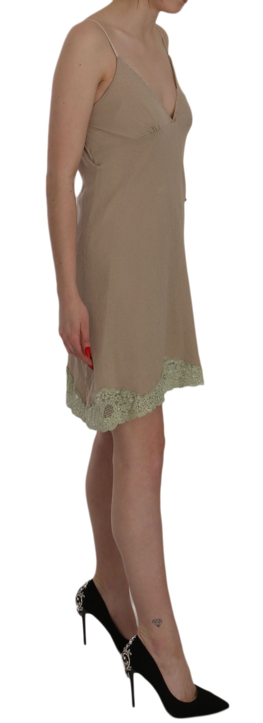 PINK MEMORIES Beige Spitzenspaghetti -Gurt Mini -Baumwollkleid
