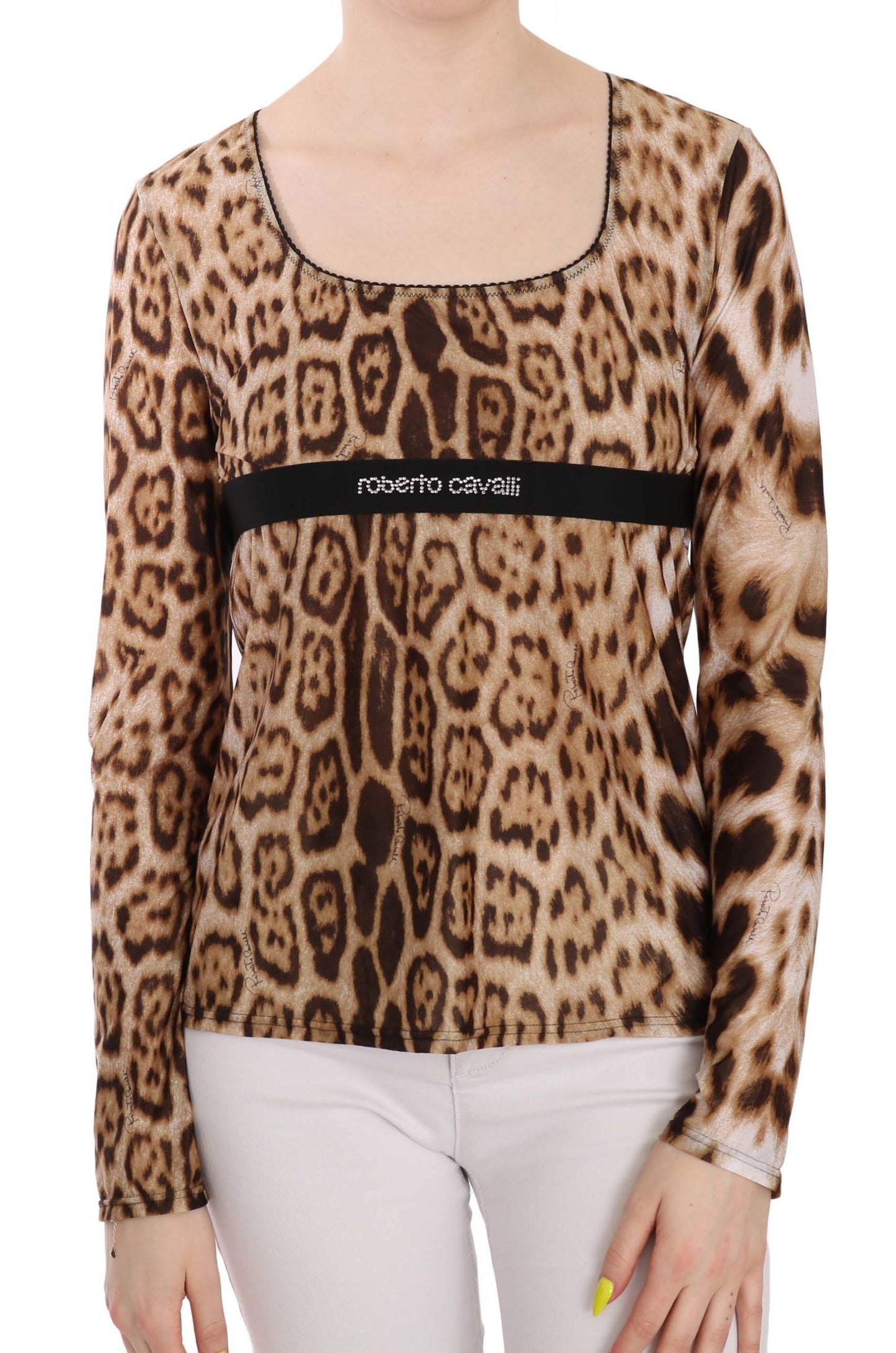 Roberto Cavalli Brauner runder Hals -Leopard damen Top Bluse