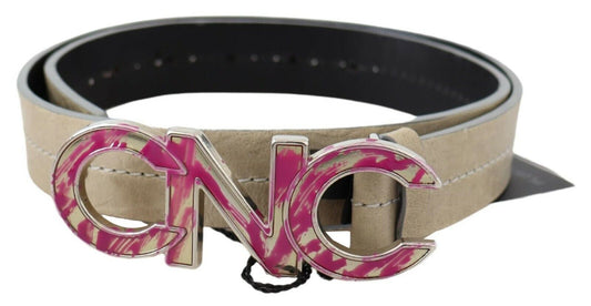 Costume National Beige Leder rosa Buchstaben Logo Schnalle Gürtel