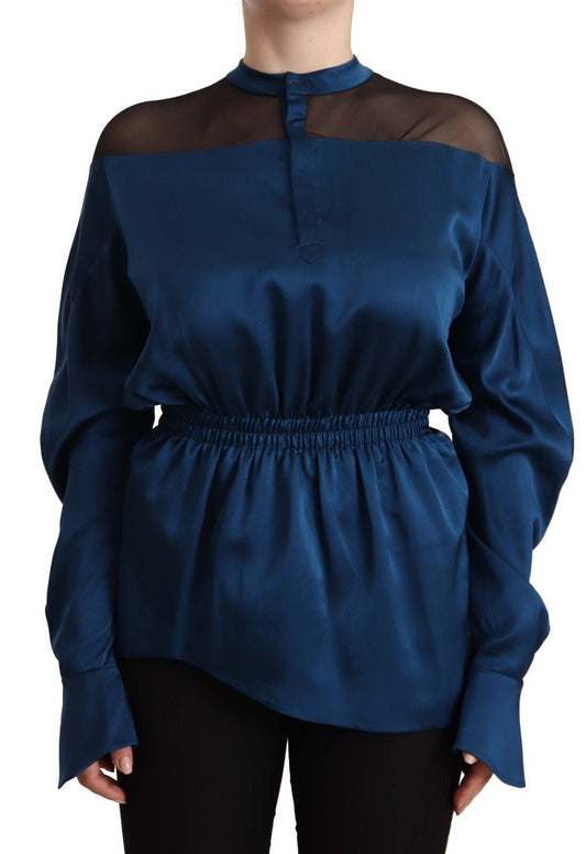 Masha Ma Blaue Seide Langschläuche elastischer Taillenbluse
