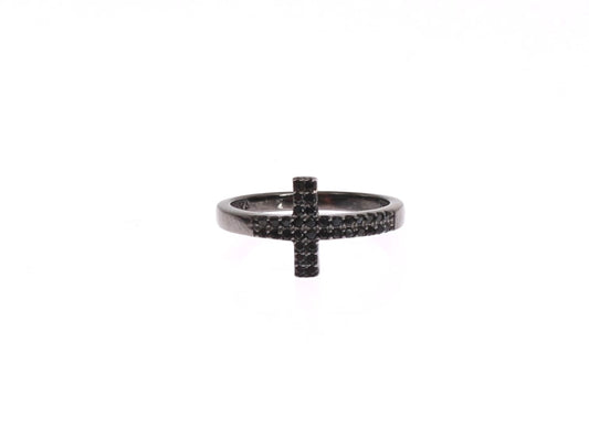 Nialaya Schwarzer CZ Cross Rhodium 925 Ring