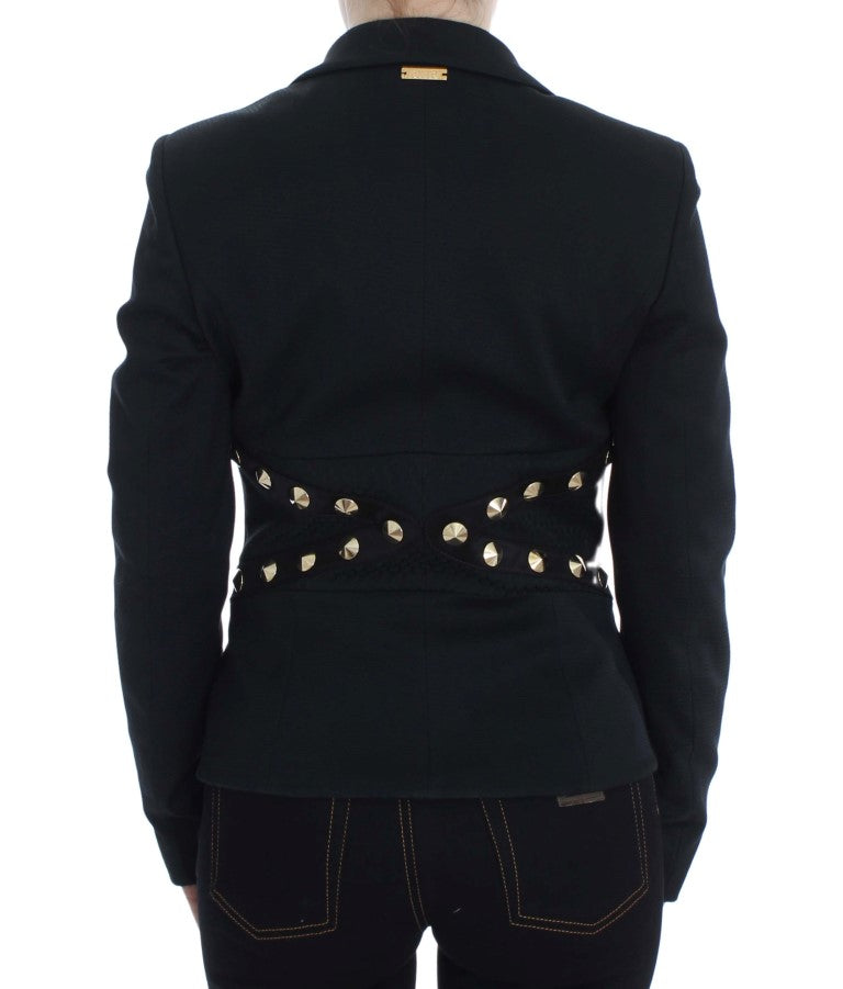 Exte Schwarzes Baumwolldehnungsgold Studded Blazer Jacke