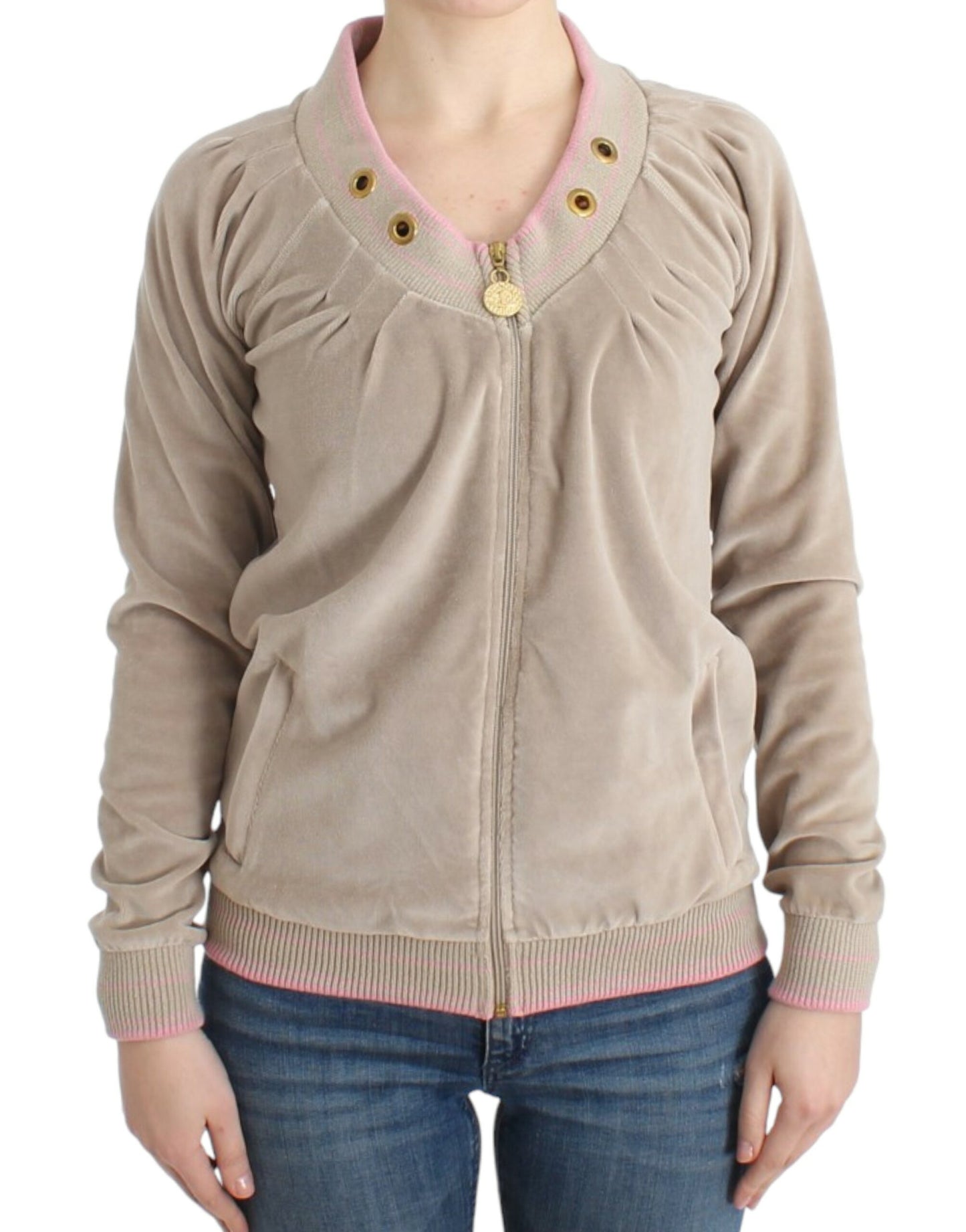 Cavalli Beige Velvet Zipup -Pullover