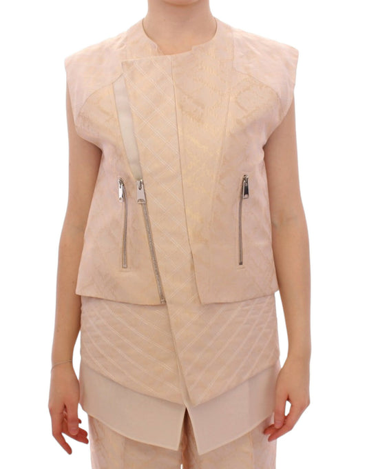 Zeyneptosun Beige Brocade ärmellose Jacke