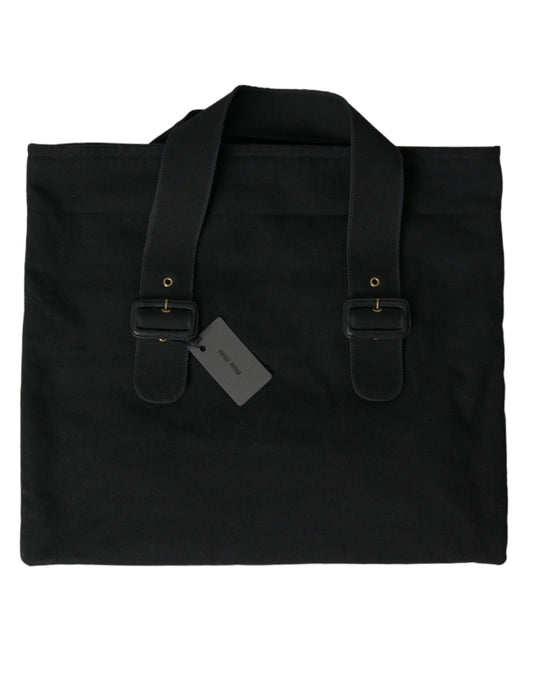 Miu Miu Schwarze Leinwand Denim Logo Schulter -Einkaufstasche