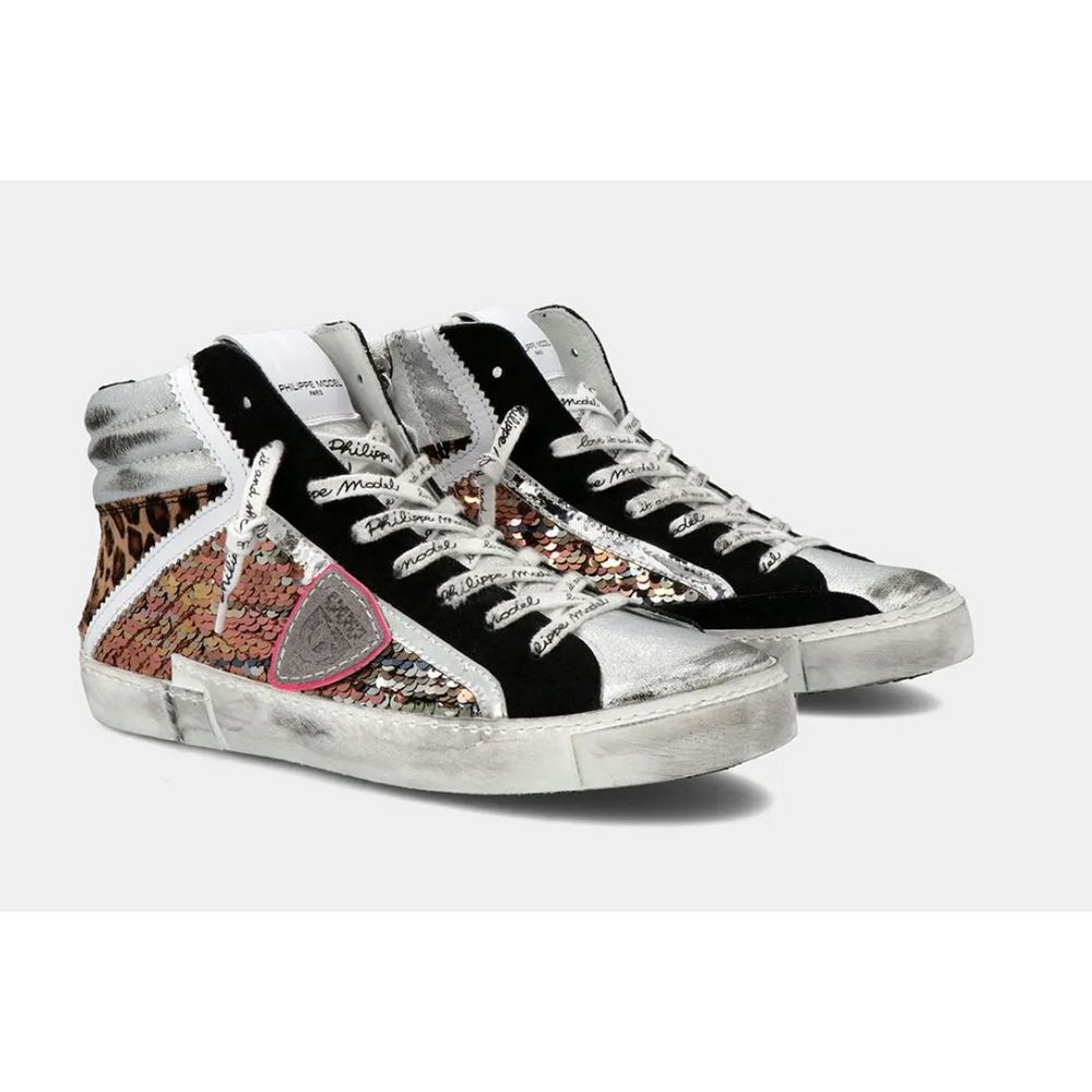 Philippe Model Elegantes graues Leder Sneakers mit Paillettendetails