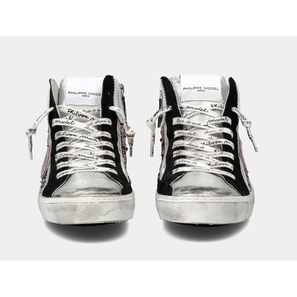 Philippe Model Elegantes graues Leder Sneakers mit Paillettendetails