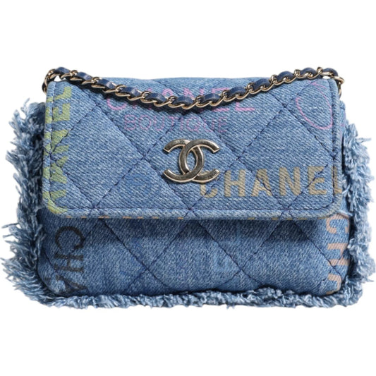 Chanel Denim Stimmungsklappe Micro -Logo Printed Fransen -Umhängetasche