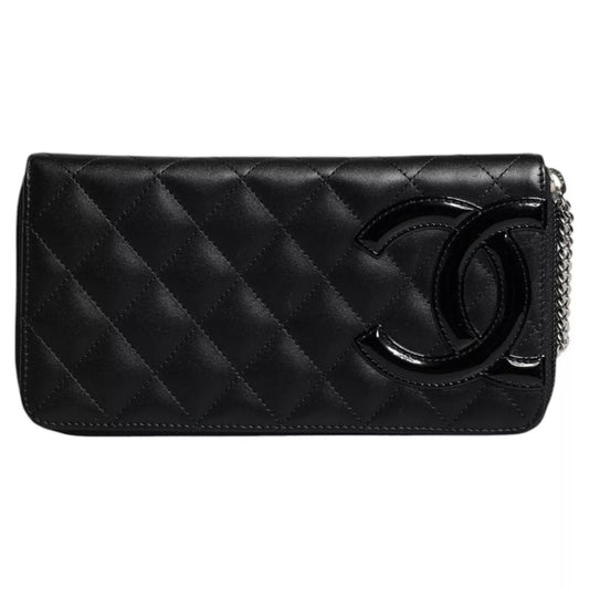 Chanel Schwarzes gestepptes Leder -Logo CC Continental Reißverschluss Brieftasche