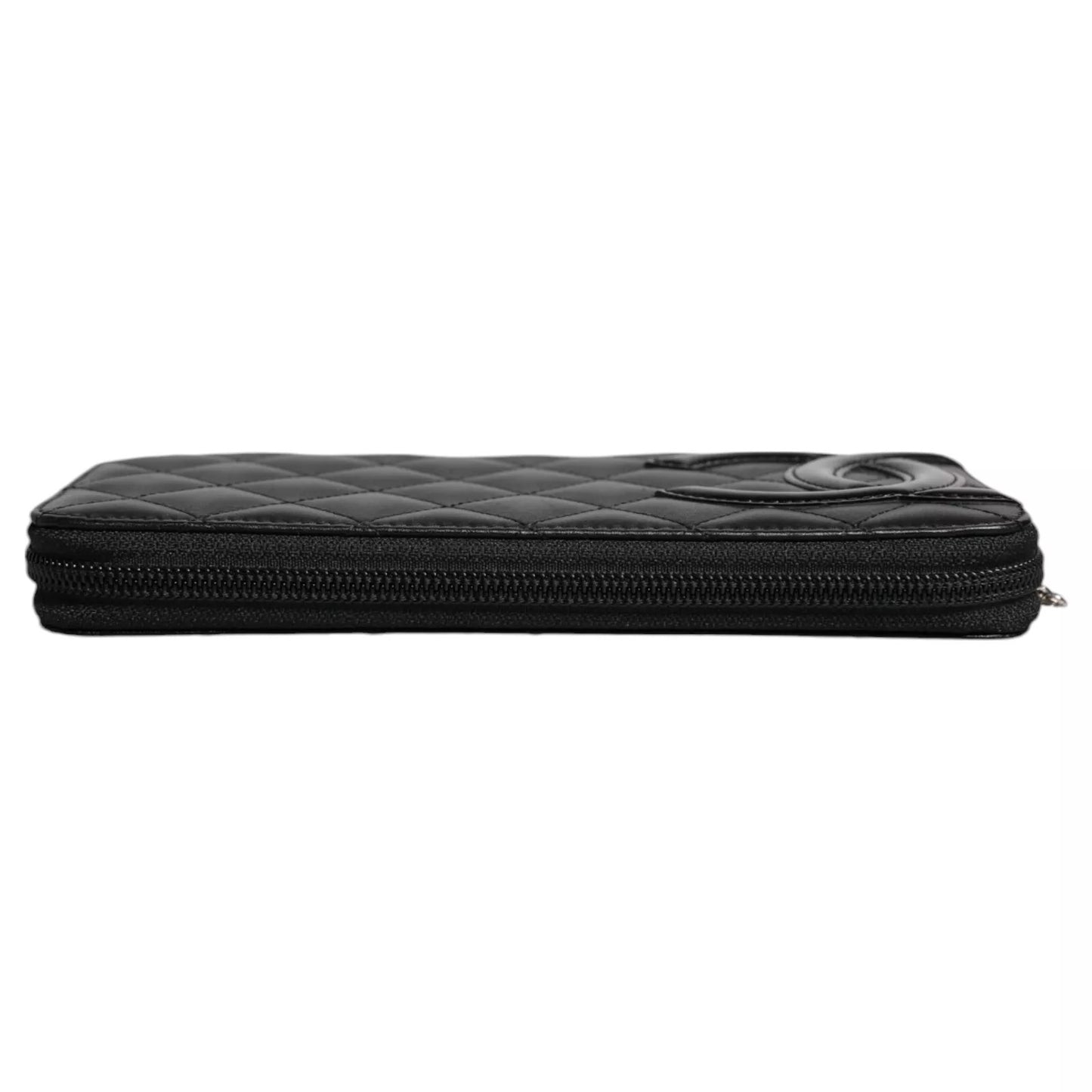 Chanel Schwarzes gestepptes Leder -Logo CC Continental Reißverschluss Brieftasche