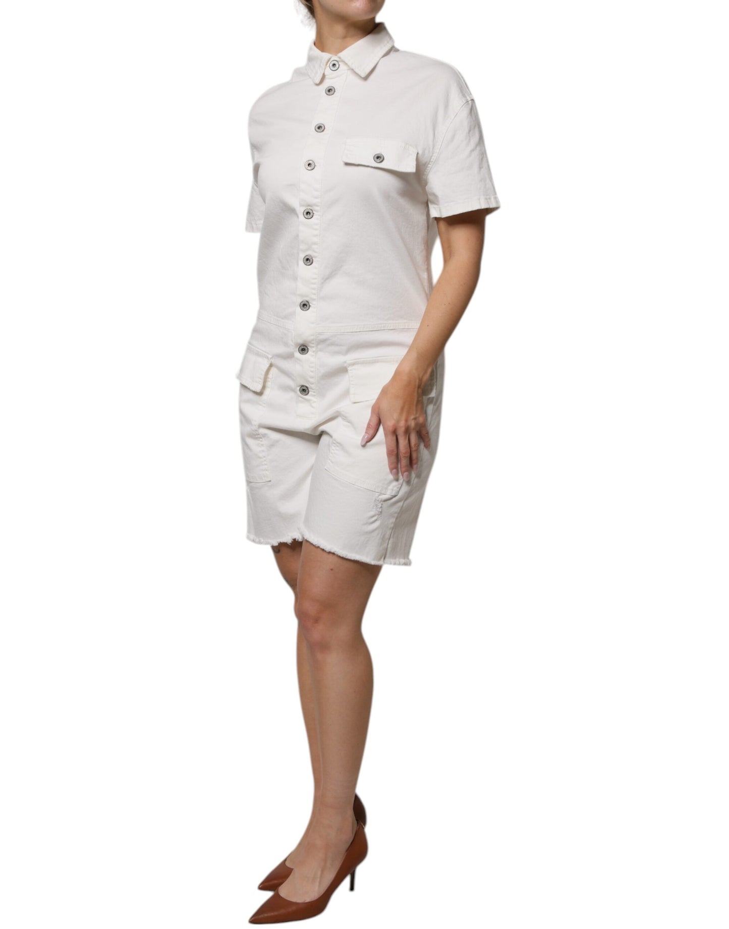 Please Weiße Baumwolle kurze hose Ärmeln Button Down Strampler Kleid