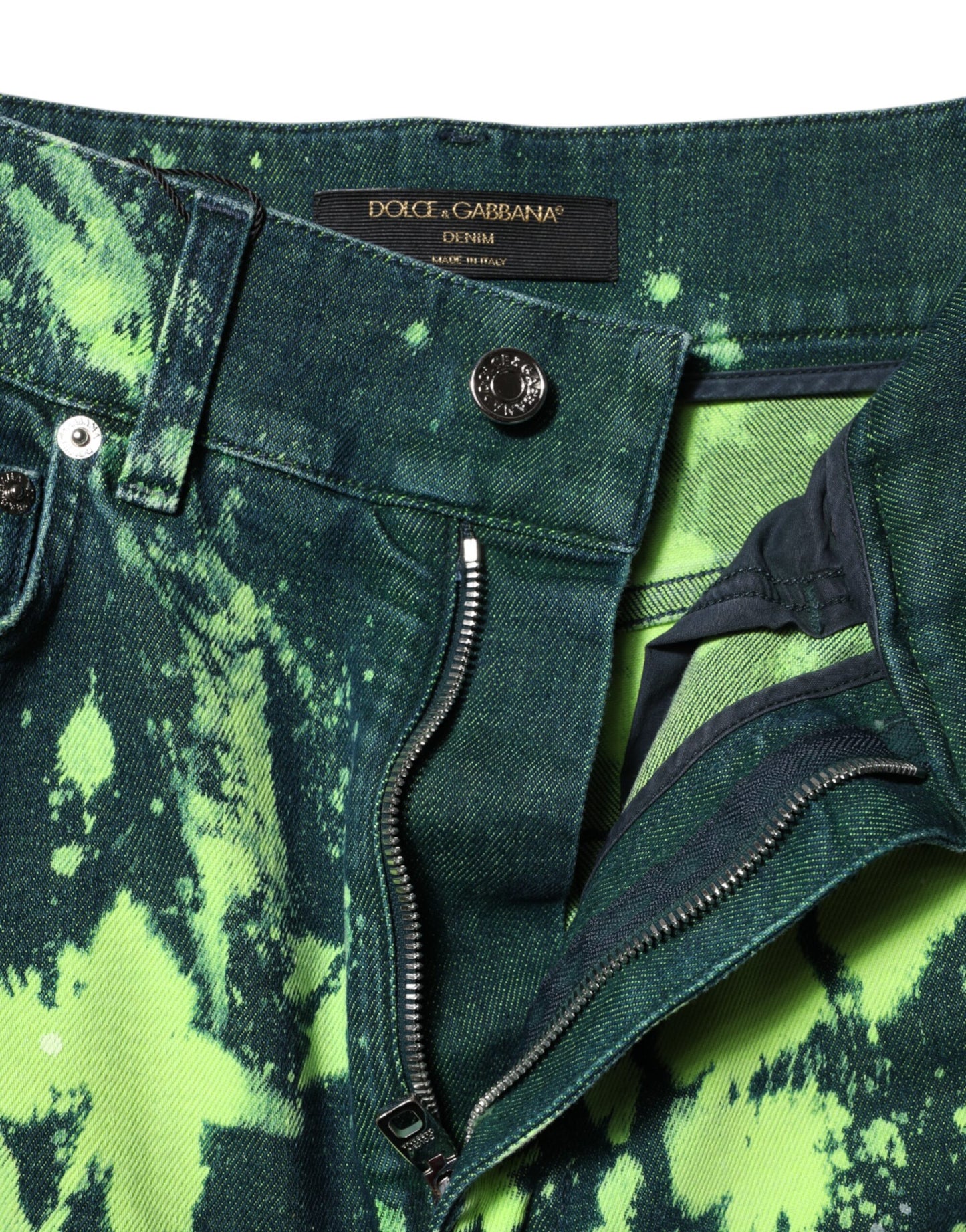 Dolce & Gabbana Grüne Farbspritzer hoher Taille Denim Jeans