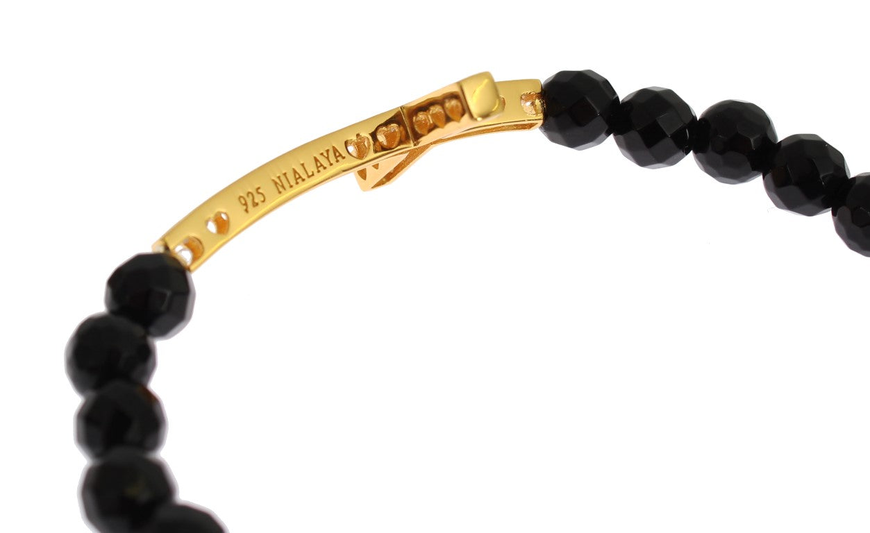 Nialaya Achatstein Gold CZ Kreuz 925 Silberarmband