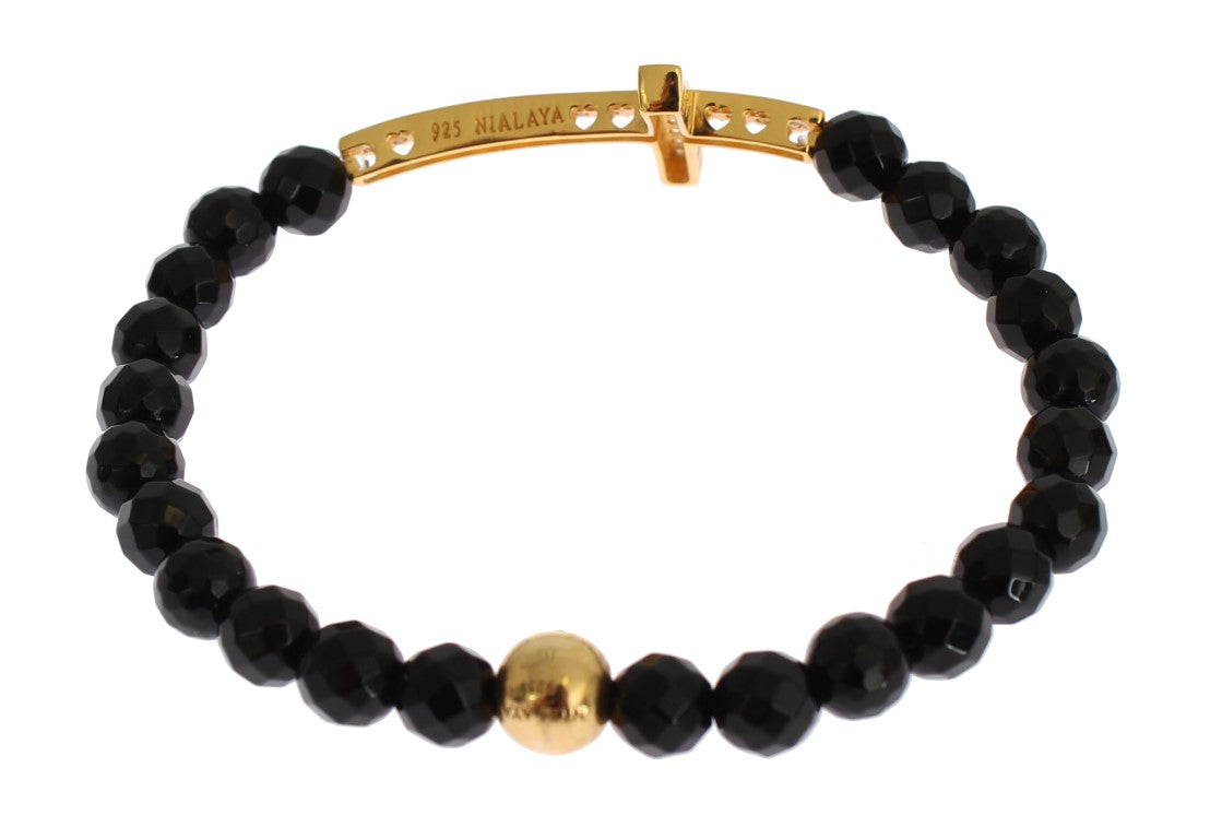 Nialaya Achatstein Gold CZ Kreuz 925 Silberarmband
